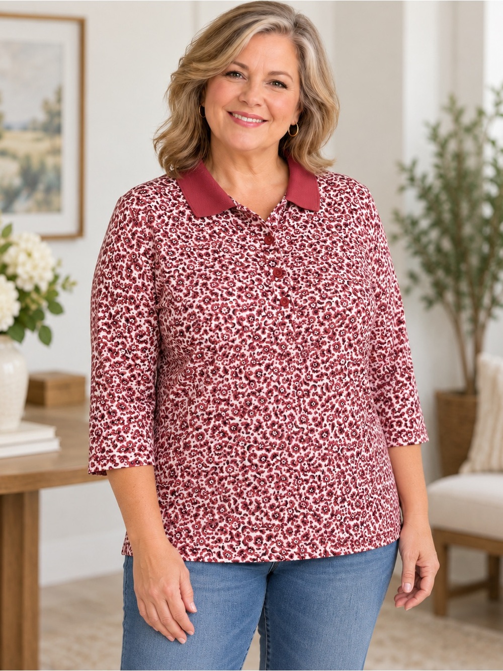 Lands’ End Floral Polo Shirt 3/4 Sleeve Coral Mauve White Plus 1X